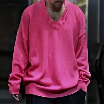 INCERUN Большие размеры Мужские вязаные свитера с сердечным вырезом и длинными рукавами S зелёный