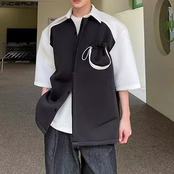 INCERUN Черно-белая хлопковая рубашка реглан с контрастным принтом и короткими рукавами