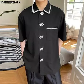 INCERUN Черные мужские повседневные свободные рубашки с короткими рукавами