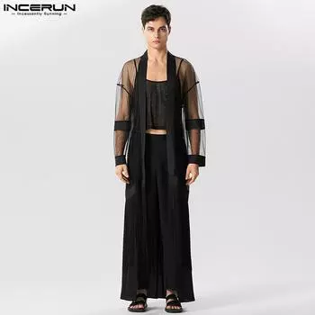 INCERUN Черные мужские праздничные пляжные длинные пальто с прозрачной сеткой