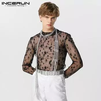 INCERUN Черные мужские сетчатые топы с прозрачными длинными рукавами