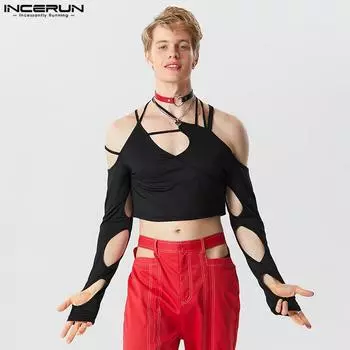 INCERUN Черные мужские тонкие топы с длинными рукавами и полыми ремешками