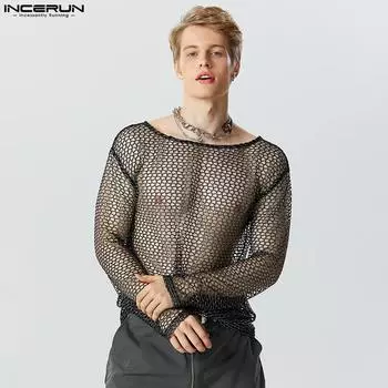 INCERUN Черные мужские топы Msh с длинными рукавами и вырезами