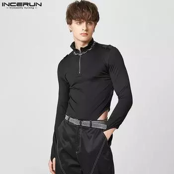 INCERUN Черные мужские топы с длинными рукавами, тонкие боди на молнии