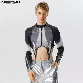 INCERUN Черные мужские узкие топы с вырезами и длинными рукавами, комбинезоны