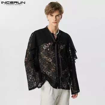 INCERUN Черные прозрачные мужские праздничные свободные топы с длинными рукавами