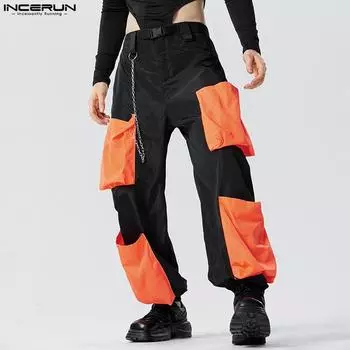 INCERUN Цветные контрастные мужские брюки-карго с цепочкой, повседневные брюки с большими карманами
