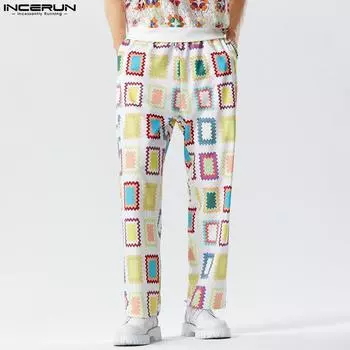 INCERUN Длинные брюки с эластичным поясом и принтом оконного стекла, повседневные брюки прямого кроя