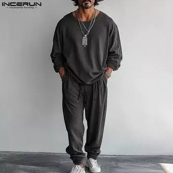 INCERUN Две части Мужская домашняя одежда с длинным рукавом Топы Свободные брюки Спортивные комплекты XL темно серый