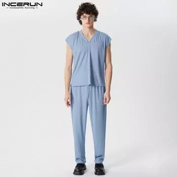 INCERUN Двухсекционный мужской безрукавный топ с длинными брюками Комплекты домашней одежды