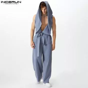 INCERUN двухсекционный мужской жилет без рукавов с открытым передом и капюшоном, длинные брюки, наряды 2XL чёрный