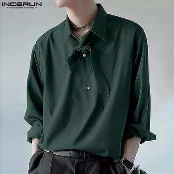 INCERUN Элегантная мужская рубашка с длинным рукавом и галстуком, весенние однотонные топы с отворотом XL синий