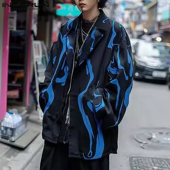 INCERUN Футболка свободного покроя с длинным рукавом и лацканами для мужчин, повседневная свободная рубашка, топы S чёрный