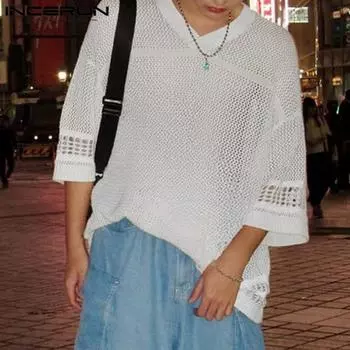 INCERUN Футболки мужские свободного покроя с круглым вырезом и коротким рукавом S белый