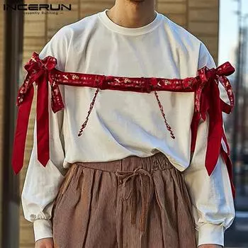 INCERUN Футболки свободного покроя с длинным рукавом и принтом в стиле бант в стиле пэчворк для мужчин, повседневные топы S белый