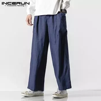 INCERUN Хлопковые мужские широкие брюки, прямые свободные длинные брюки