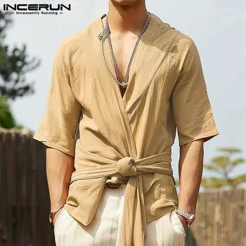 INCERUN INCERUN Мужские топы с коротким рукавом и V-образным вырезом, летние футболки с перекрестными узорами спереди 2XL жёлтый