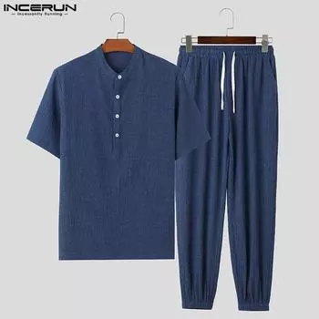 INCERUN из двух частей мужские футболки с короткими рукавами на пуговицах длинные брюки летние костюмы