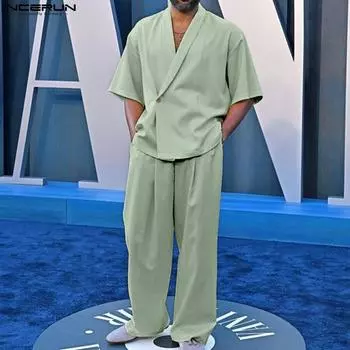 INCERUN из двух частей, мужские летние пиджаки с лацканами и длинными брюками, пижамные комплекты 4XL жёлтый