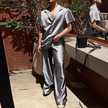 INCERUN из двух частей мужские однотонные атласные топы и брюки с короткими рукавами XL серый