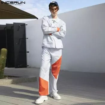 INCERUN из двух частей, мужские рубашки с длинными рукавами и цветными штанами, комплекты с длинными брюками