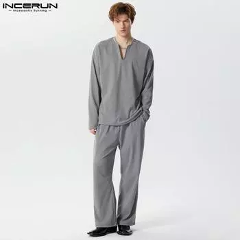 INCERUN из двух частей мужские рубашки с длинным рукавом и V-образным вырезом длинные брюки повседневные костюмы