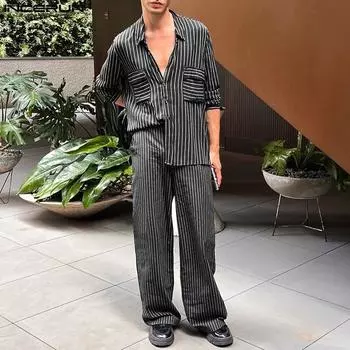 INCERUN из двух частей мужские рубашки в полоску с длинными рукавами и брюки с лацканами повседневные комплекты