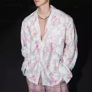 INCERUN Элегантные летние мужские праздничные прозрачные рубашки с цветочным принтом
