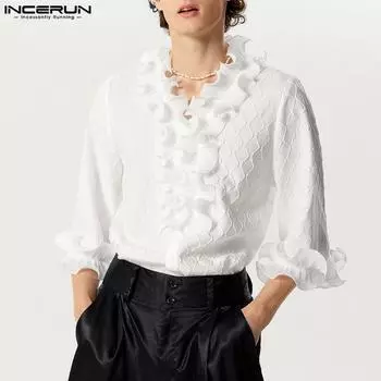 INCERUN Элегантные летние мужские рубашки с рюшами и полурасклешенными рукавами