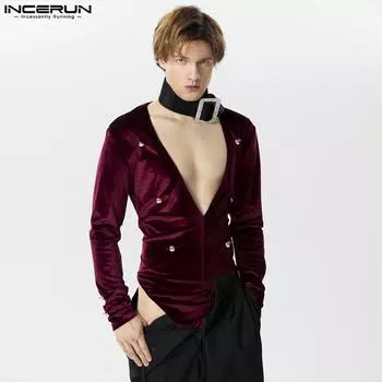INCERUN Элегантные мужские бархатные трусы с длинными рукавами и низким вырезом Боди