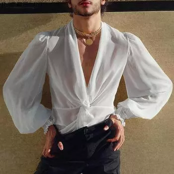 INCERUN Элегантные мужские рубашки с глубоким V-образным вырезом и длинными пышными рукавами, шифоновые прозрачные топы 3XL чёрный