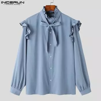 INCERUN Элегантные мужские весенние свободные топы с длинными рукавами и подолом с оборками