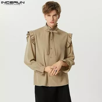 INCERUN Элегантные мужские весенние свободные топы с длинными рукавами и оборками на подоле
