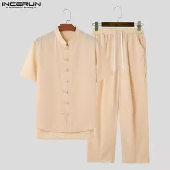 INCERUN китайский стиль кунг-фу костюмы мужские пряжки пуговицы брюки наборы