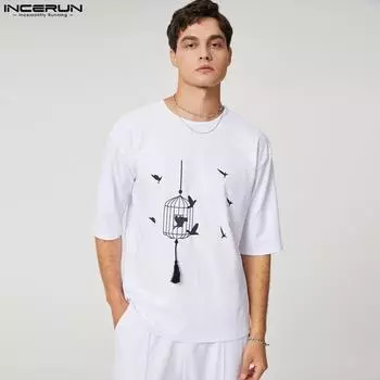INCERUN комплект из 2 предметов, летние мужские белые топы с принтом, длинные брюки