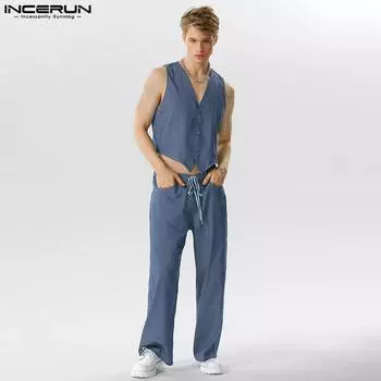 INCERUN комплект из 2 предметов, мужские джинсовые жилеты + длинные брюки с эластичной резинкой на талии, повседневный костюм