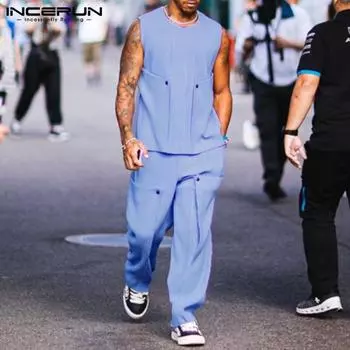 INCERUN комплект из 2 предметов, мужские топы без рукавов с круглым вырезом и длинные узкие брюки S чёрный