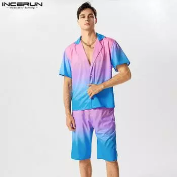 INCERUN комплект из 2 предметов, рубашка с короткими рукавами и v-образным вырезом с градиентным принтом + шорты с эластичной резинкой на талии, повседневные праздничные костюмы