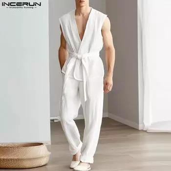 INCERUN Комплект из двух частей для мужчин, бандажный жилет без рукавов, брюки, комплекты из хлопка с эластичной резинкой на талии, брюки, костюмы