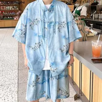 INCERUN комплект из двух частей для мужчин с принтом рубашка с коротким рукавом шорты комплекты летние свободные костюмы S зелёный