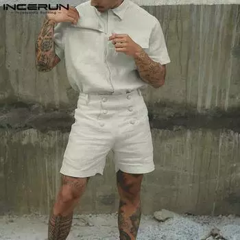 INCERUN Комплект из двух частей для мужчин, однотонный костюм с короткими рукавами и шортами на молнии 2XL светло-серый