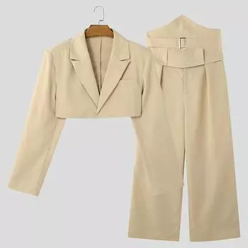 INCERUN Комплект из двух предметов для мужчин, длинное пальто с длинным рукавом и высокой талией, длинные прямые брюки бежевый