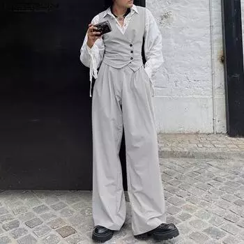 INCERUN Комплект из двух предметов для мужчин, без рукавов, с пуговицами, короткие жилеты, длинные брюки XL чёрный