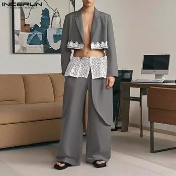 INCERUN Комплект из двух предметов для мужчин с длинным рукавом, тонкий короткий блейзер, кружевной вязанный крючком пэчворк, длинные прямые брюки S серый