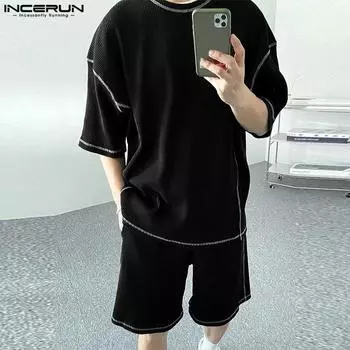 INCERUN комплект из двух предметов, мужские футболки с короткими рукавами, шорты, брюки с эластичной резинкой на талии, повседневные свободные домашние костюмы
