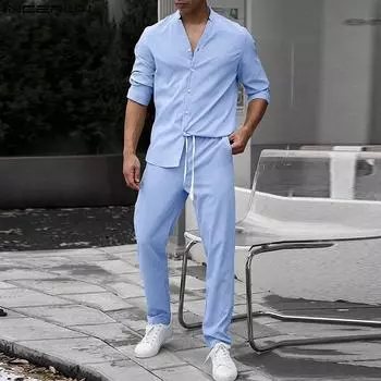 INCERUN комплект из двух предметов, мужские рубашки на пуговицах, длинные брюки, повседневные костюмы