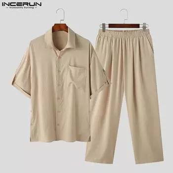 INCERUN комплект из двух предметов, мужские рубашки с короткими рукавами, свободные брюки макси с эластичной резинкой на талии, повседневные свободные костюмы