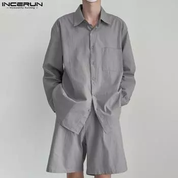 INCERUN комплект из двух предметов, мужские рубашки с длинными рукавами, шорты, повседневные брюки, комплекты S розовый
