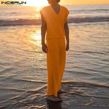 INCERUN, комплект из двух предметов, мужские топы и брюки, повседневная одежда для отдыха, комплекты