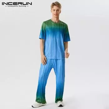 INCERUN комплекты из 2 предметов, мужские футболки с короткими рукавами, длинные брюки с эластичной талией, костюмы, домашняя одежда